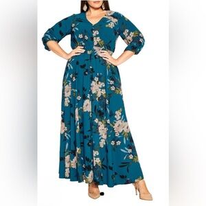 City Chic Emmaline Maxi Dress in Teal Delicate Bloom - Size M (Plus) - EUC